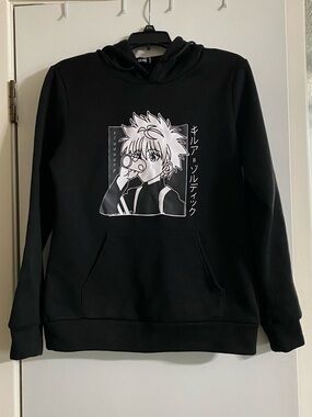 FANCYQUBE Black Anime Graphic Hoodie with White Print